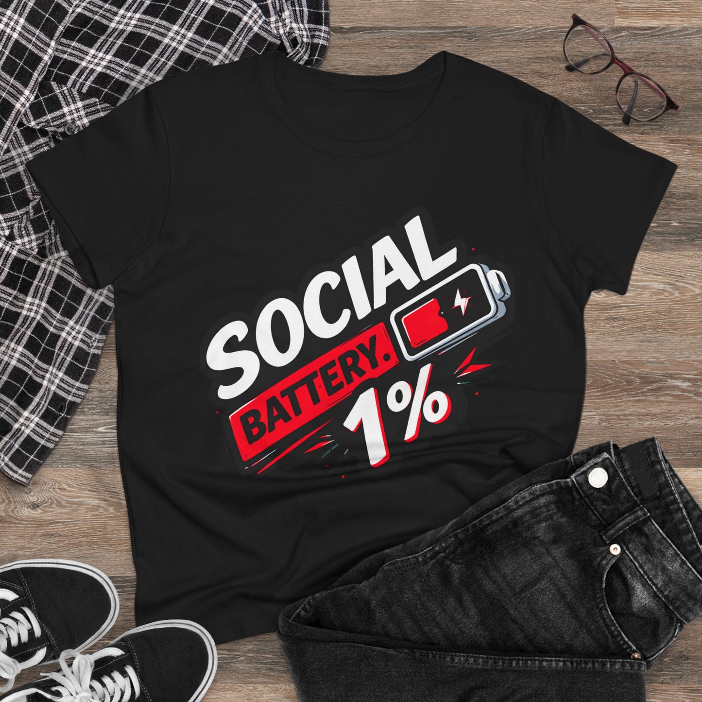 Social Battery 1% Women's T‑Shirt — Introvert Funny Graphic Tee