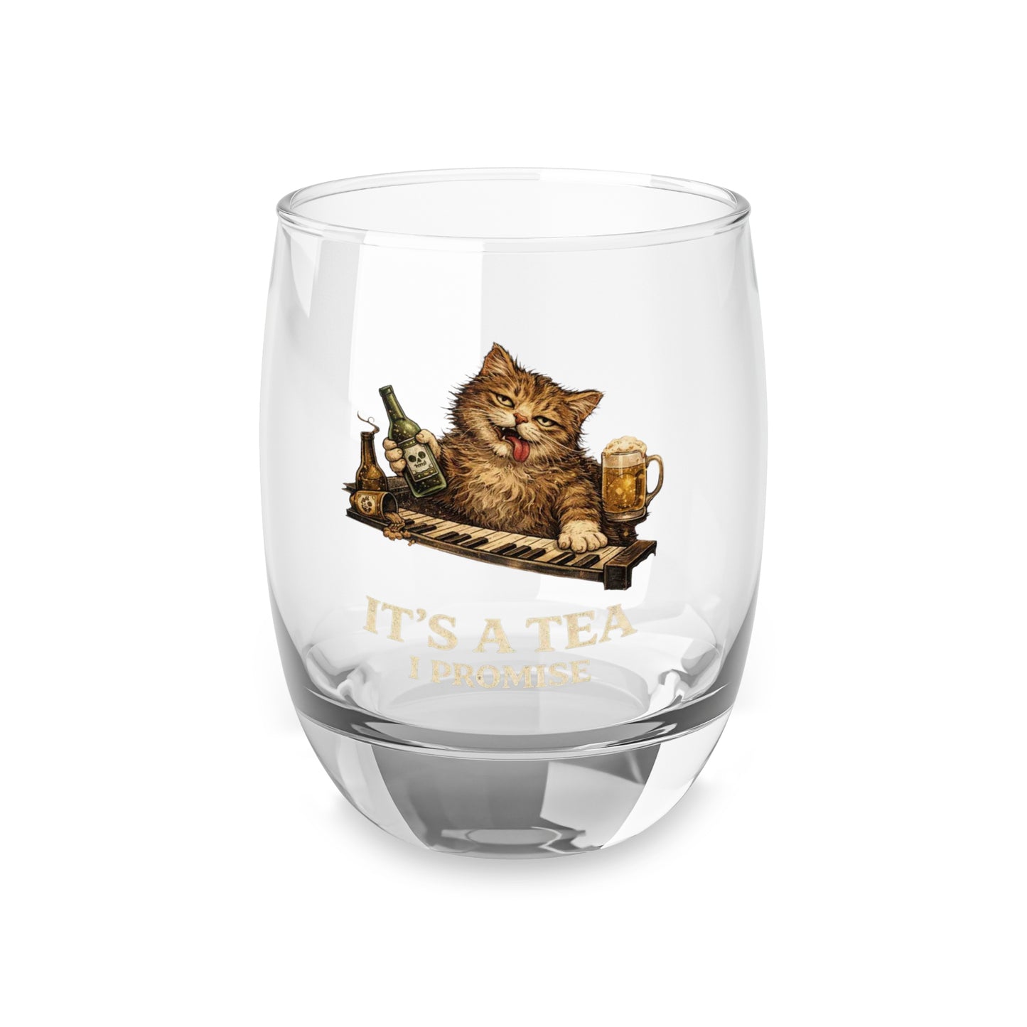 Cat Drinking Whiskey Stemless Glass — “It’s a Tea” Funny Barware Gift