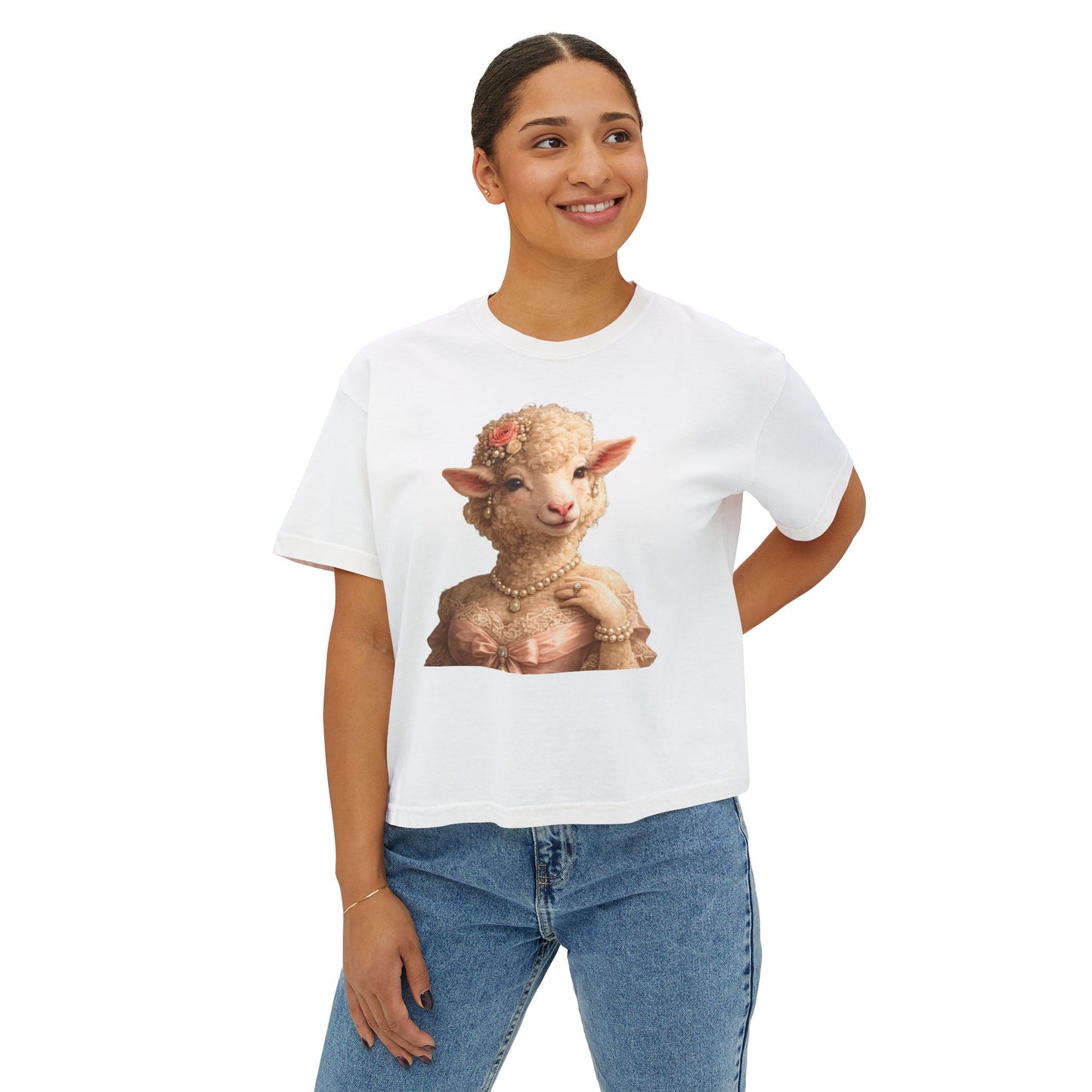 Camiseta cuadrada para mujer: Camisa gráfica con retrato de cordero glamoroso vintage