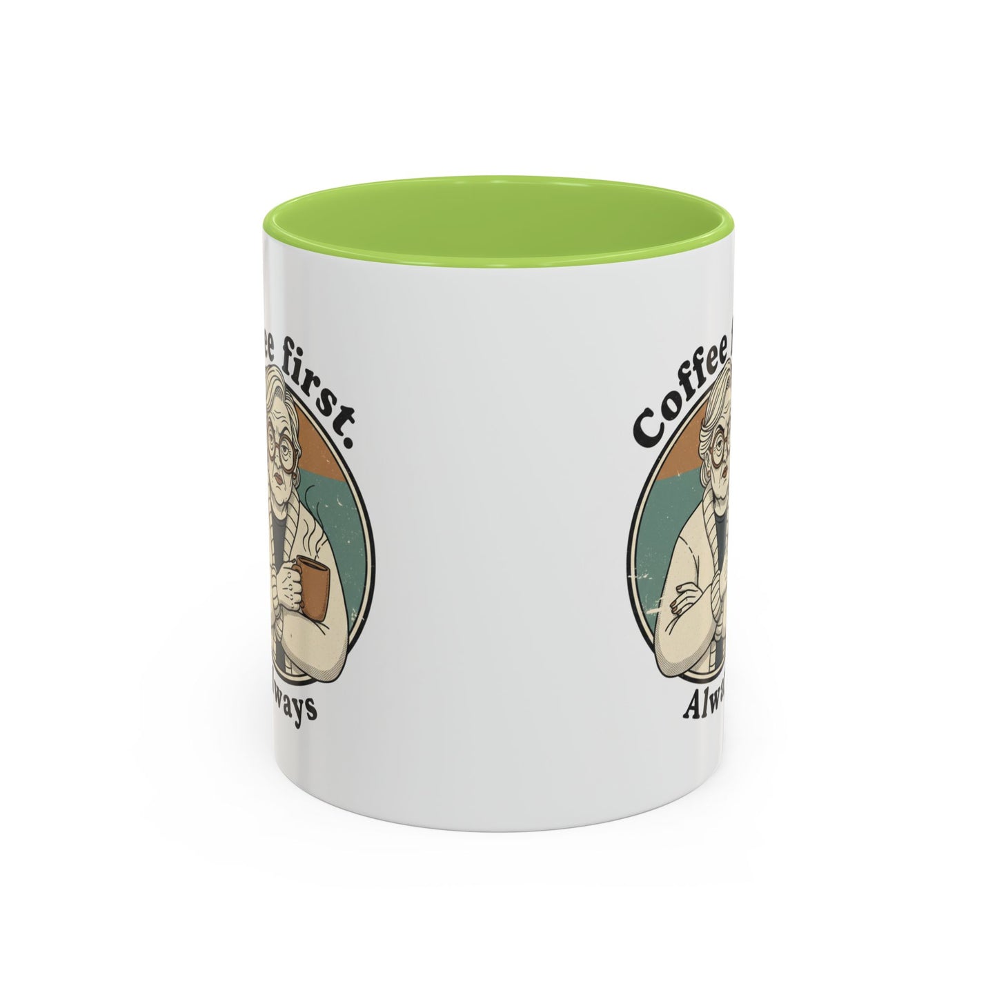 Taza de café — "El café primero, siempre" Taza de cerámica vintage con detalles de abuela (11/15 oz)