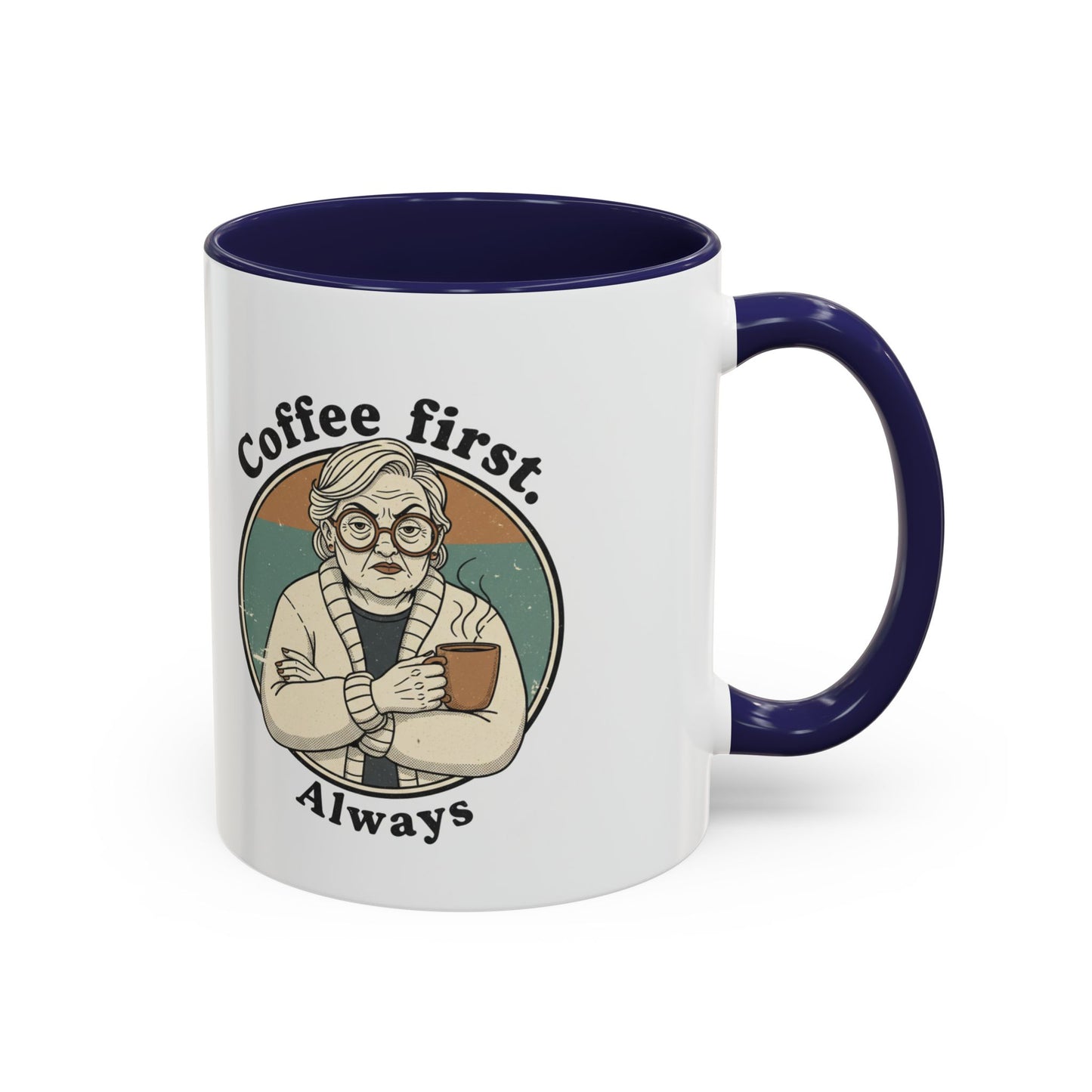 Taza de café — "El café primero, siempre" Taza de cerámica vintage con detalles de abuela (11/15 oz)