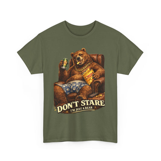 Bear Lounge T‑Shirt — "Don't Stare, I'm Just a Bear" Retro Graphic Tee