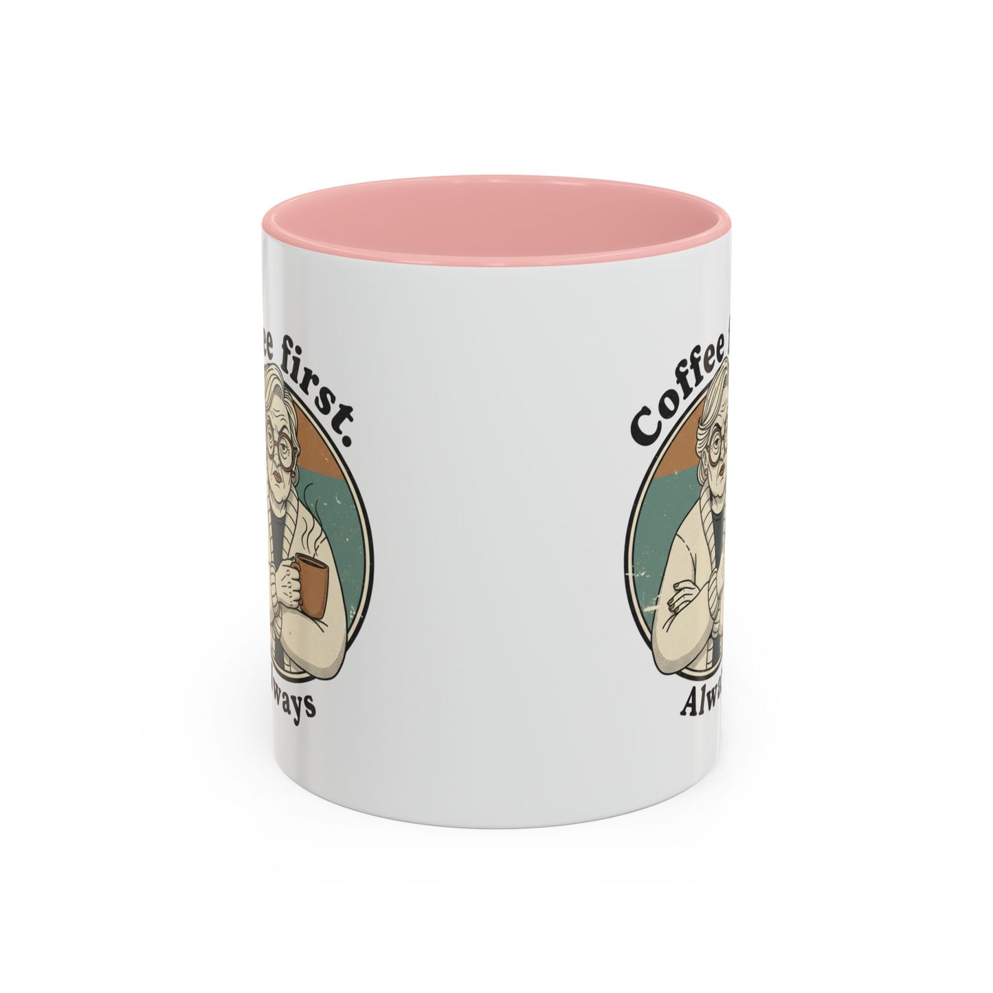 Taza de café — "El café primero, siempre" Taza de cerámica vintage con detalles de abuela (11/15 oz)