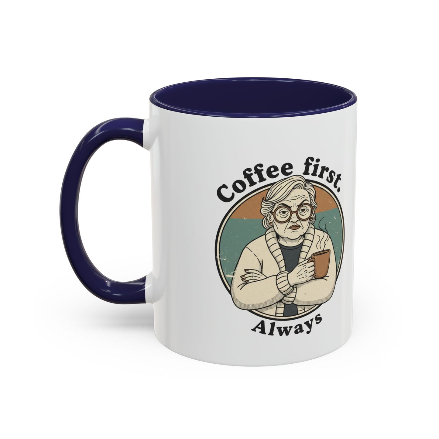 Taza de café — "El café primero, siempre" Taza de cerámica vintage con detalles de abuela (11/15 oz)