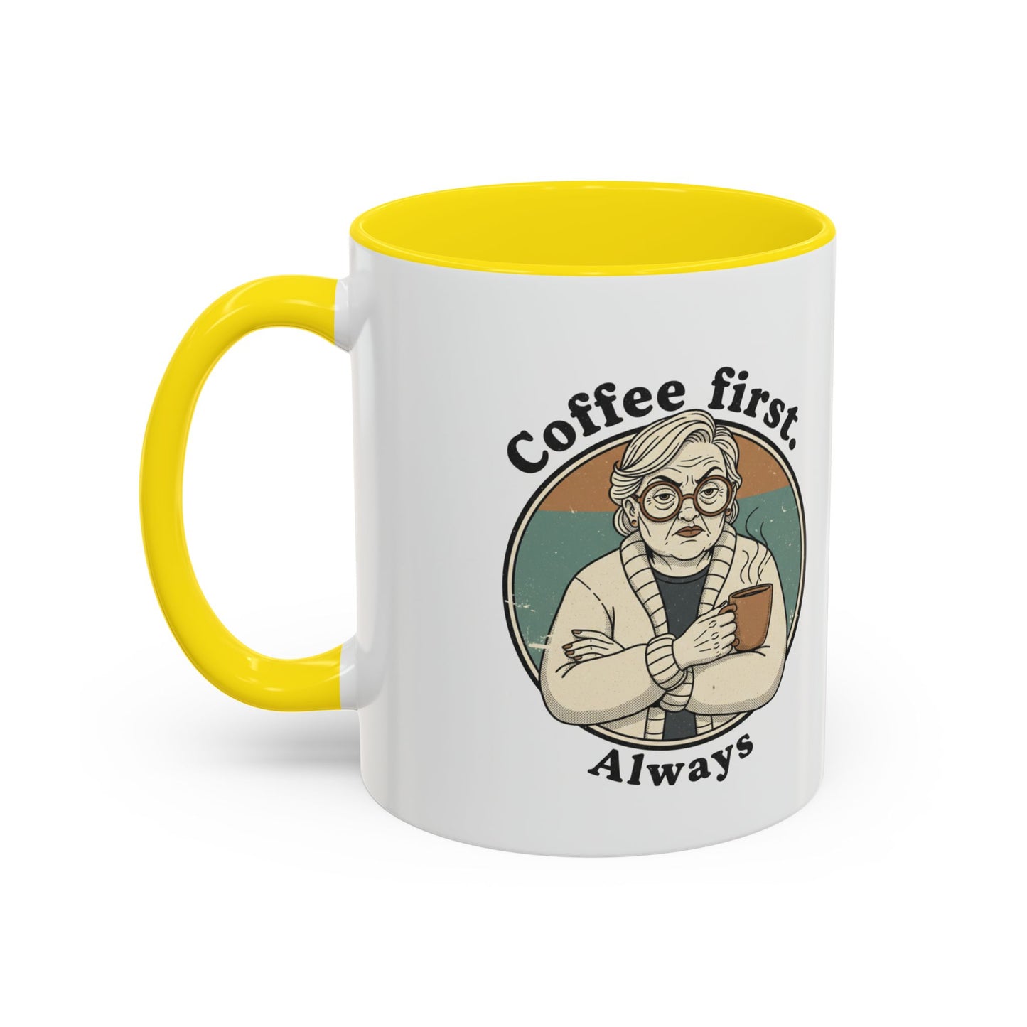 Taza de café — "El café primero, siempre" Taza de cerámica vintage con detalles de abuela (11/15 oz)