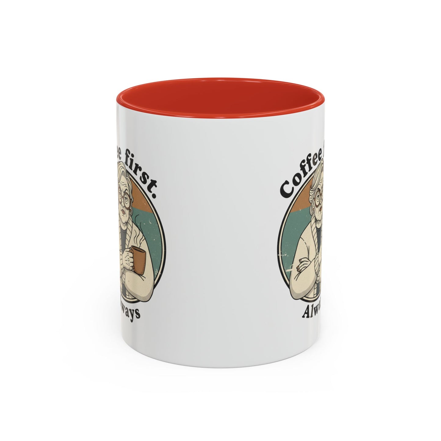 Taza de café — "El café primero, siempre" Taza de cerámica vintage con detalles de abuela (11/15 oz)
