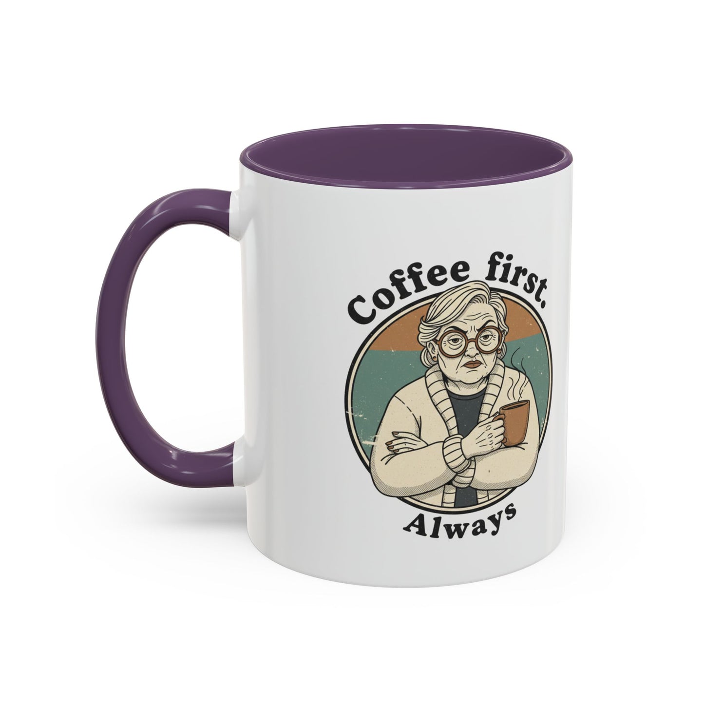 Taza de café — "El café primero, siempre" Taza de cerámica vintage con detalles de abuela (11/15 oz)