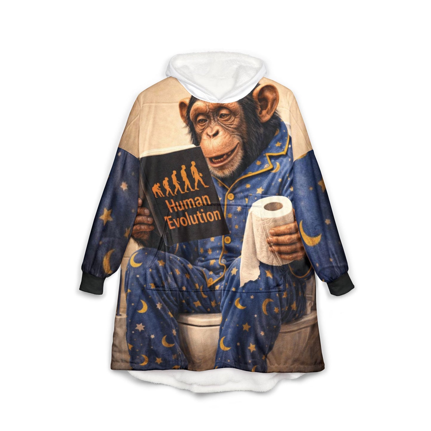 Hooded Blanket — Funny Monkey Reading 'Human Evolution' in Pajamas (Toilet Humor)