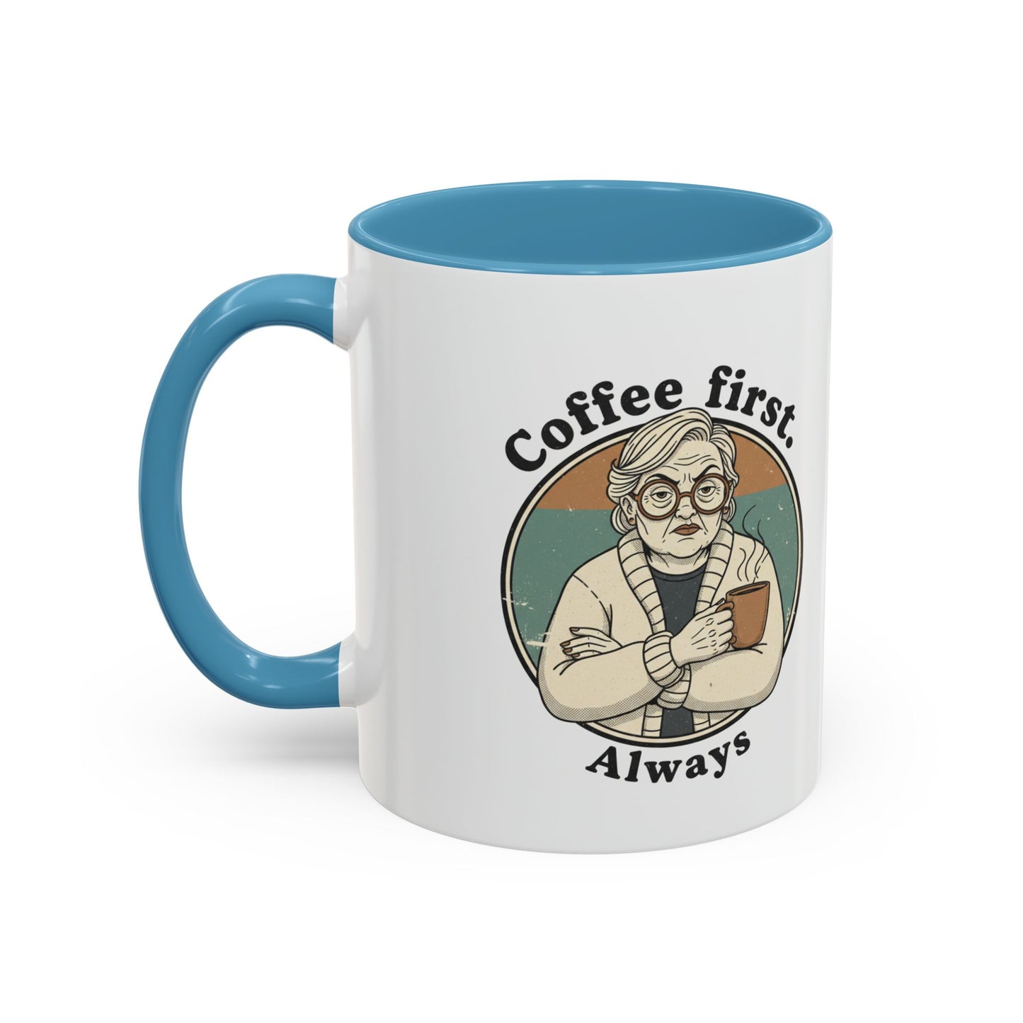 Taza de café — "El café primero, siempre" Taza de cerámica vintage con detalles de abuela (11/15 oz)