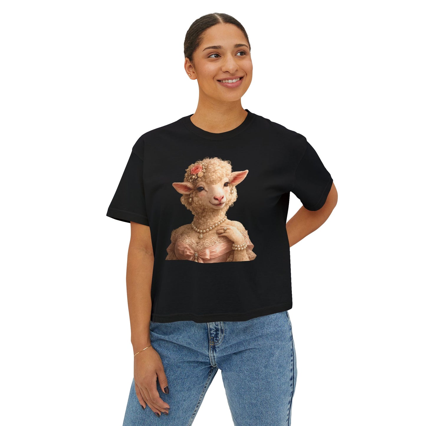 Camiseta cuadrada para mujer: Camisa gráfica con retrato de cordero glamoroso vintage