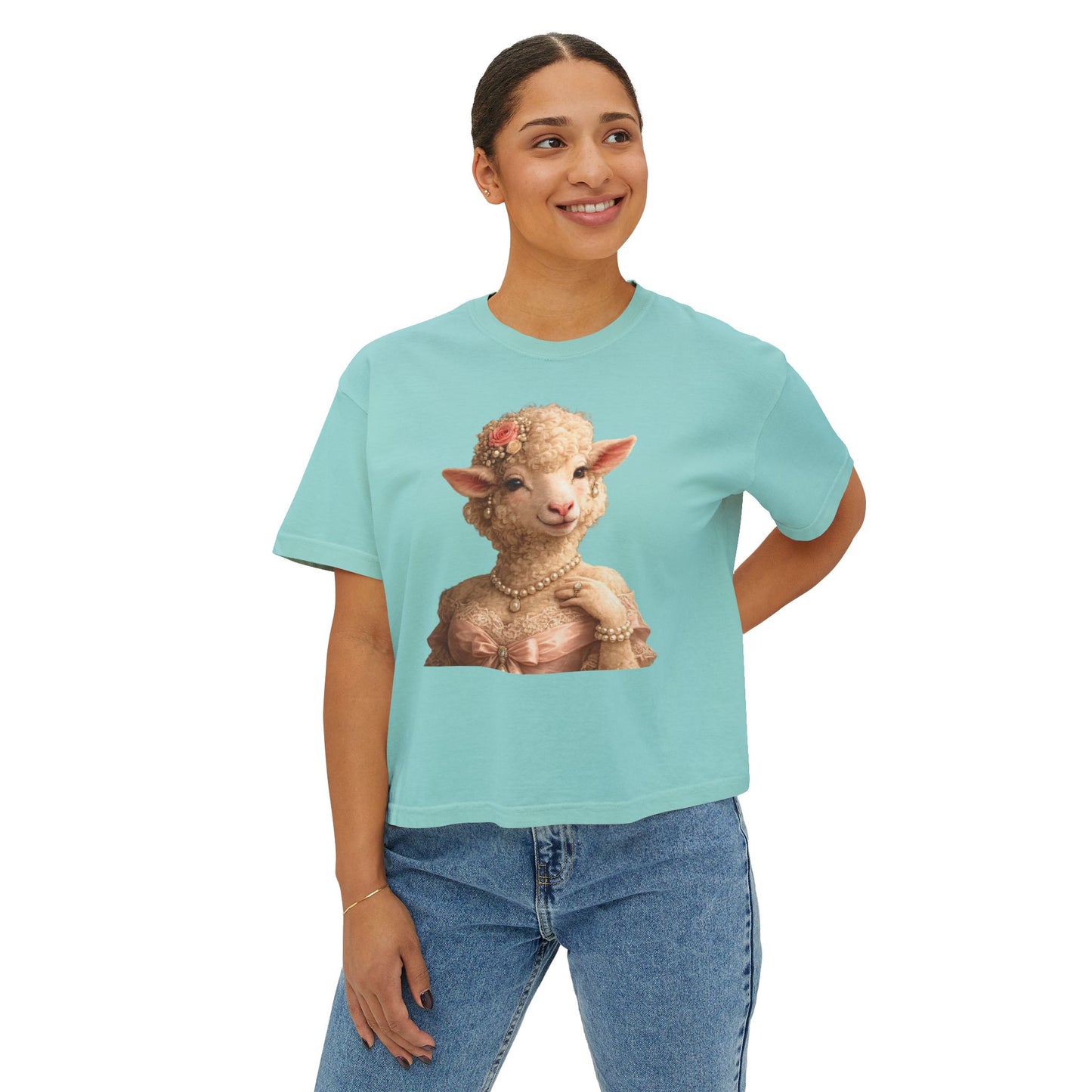 Camiseta cuadrada para mujer: Camisa gráfica con retrato de cordero glamoroso vintage