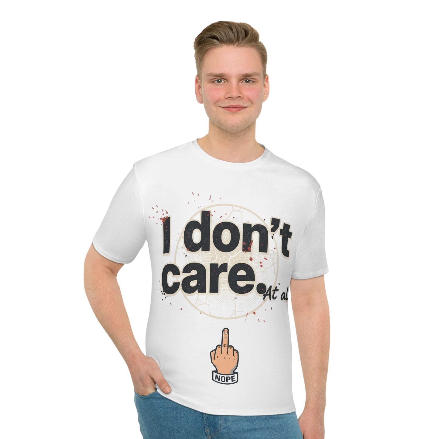 I Don't Care At All Tee — Graphic Men's Relaxed T-Shirt with Middle Finger 'Nope' Design