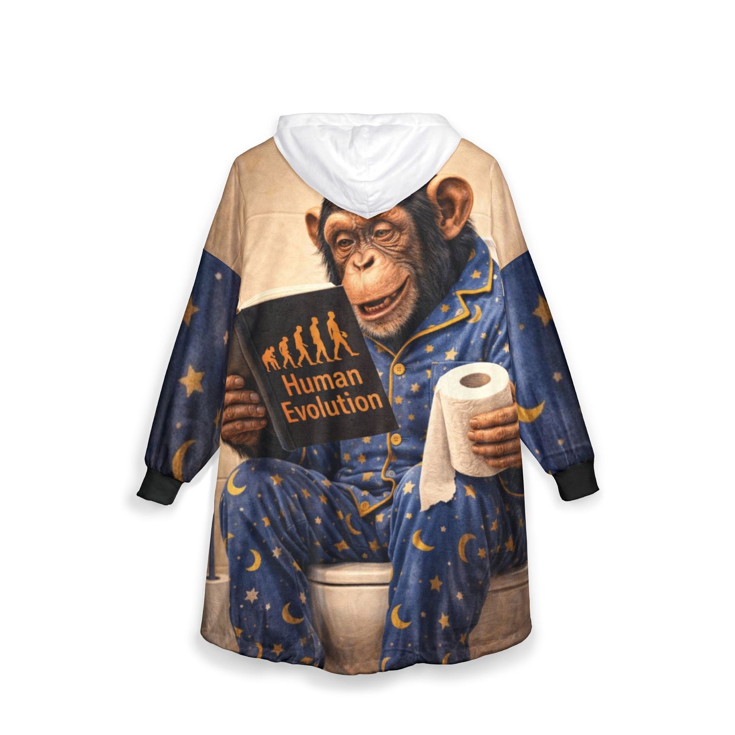 Hooded Blanket — Funny Monkey Reading 'Human Evolution' in Pajamas (Toilet Humor)