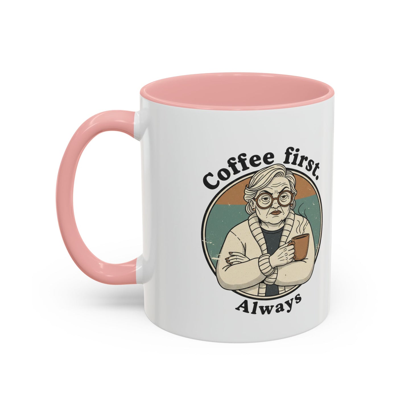 Taza de café — "El café primero, siempre" Taza de cerámica vintage con detalles de abuela (11/15 oz)